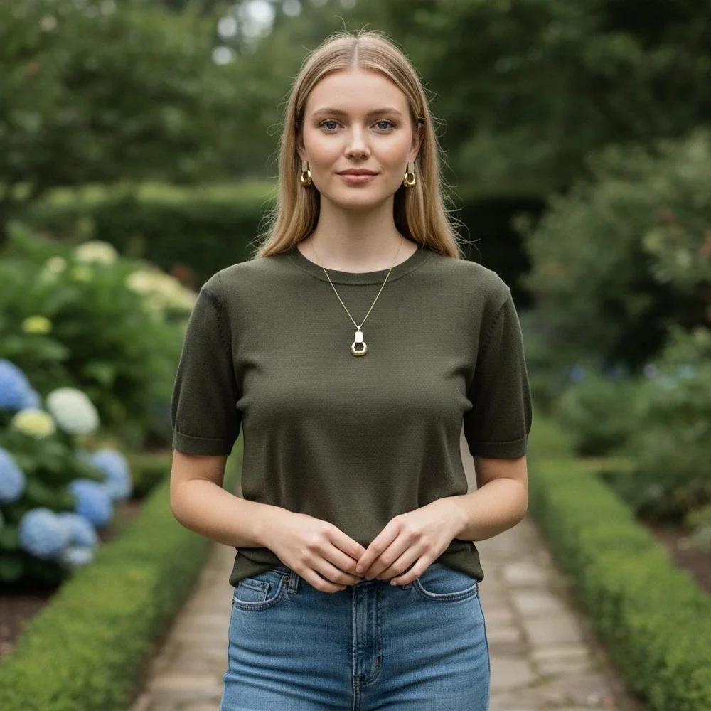 Gold Stainless Steel Jewelry Set Necklace Earrings Mother of Pearl Style Inlay